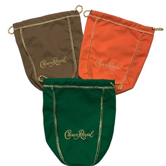 CROWN ROYAL Cinch Up Bags Bundle Of 3 Green Orange Brown - Picture 1 of 3
